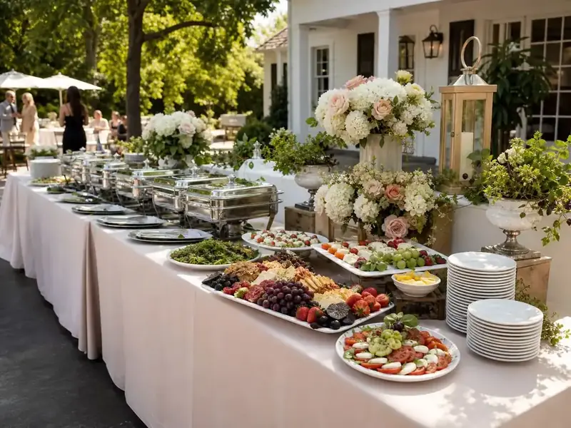 Wedding reception buffet with polished silver chafers, grazing platters, fresh salads and white garden florals at a Livermore Valley winery venue